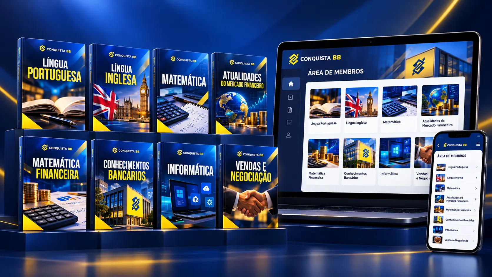 Apresentação do CONQUISTA BB com oito apostilas, plataforma de estudos no computador e acesso pelo celular